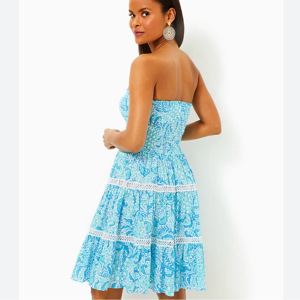 Lilly Pulitzer Kelvina Blue Strapless Smocked Bodice Dress with Ruffled Tiers  L - Picture 4 of 13
